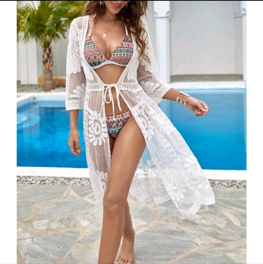 Black Boho Tie Front Mesh Embroidered Kimono - Picture 8 of 12